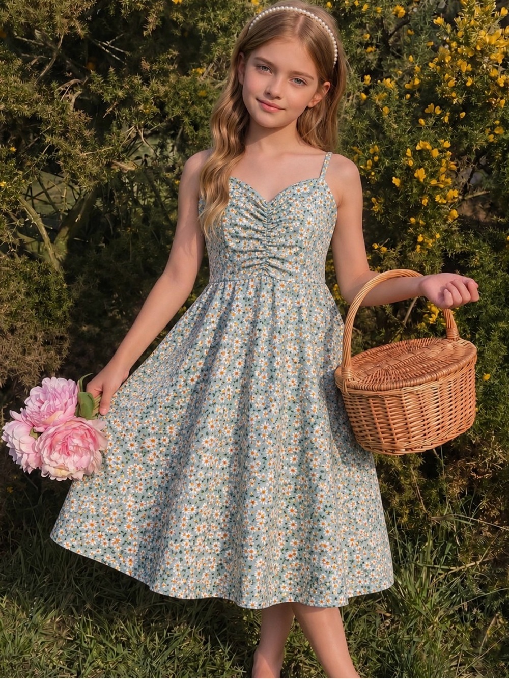 SHEIN Teal Floral Daisy Print Casual Dress